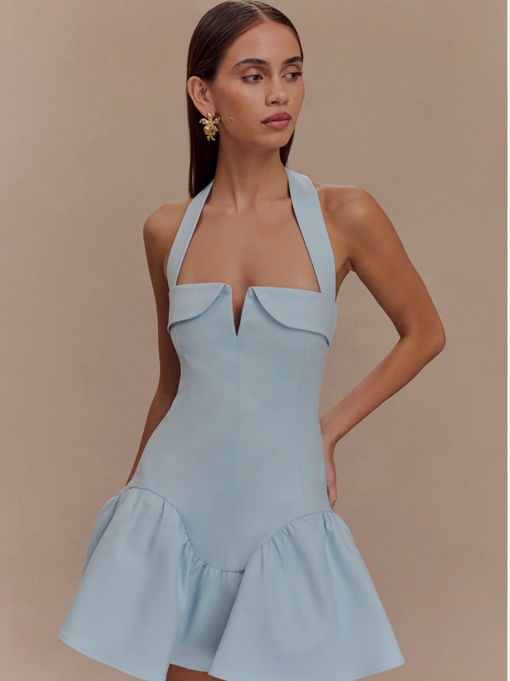 Meshki Powder Blue Halter V-Notch Mini Dress